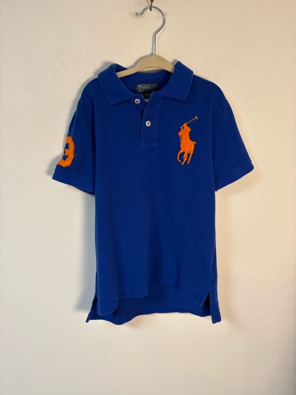 Polo by Ralph Lauren Kids Blue Polo Shirt with Orange Logo Size 7